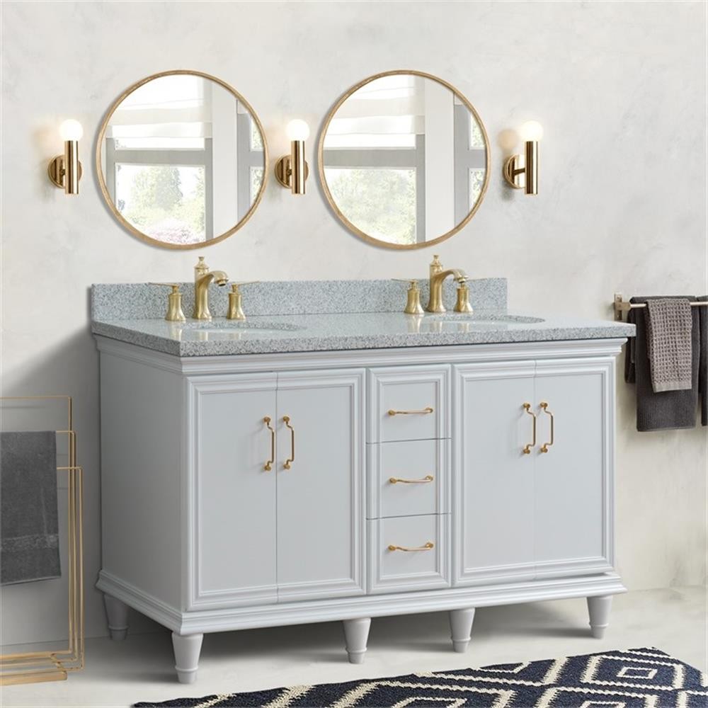 61 in. Double Wooden Vanity White Gray Granite Oval Sink