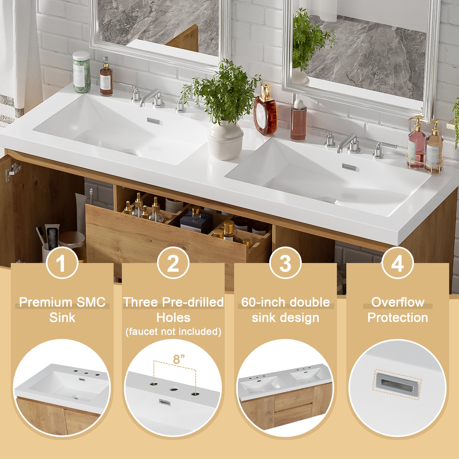 59.3″ Wall-Mounted Double Sink Bathroom Vanity with SMC Top, MDF Cabinet Wood