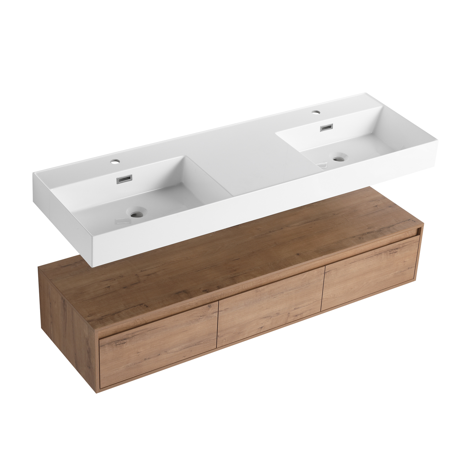 60″ Wood Floating Wall Mounted Bathroom Vanity with Double Resin Sink +3Drawers