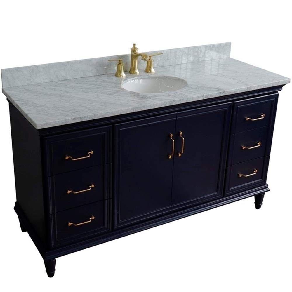 61 in. Single Wooden Vanity Blue White Carrara Marble Oval Sink