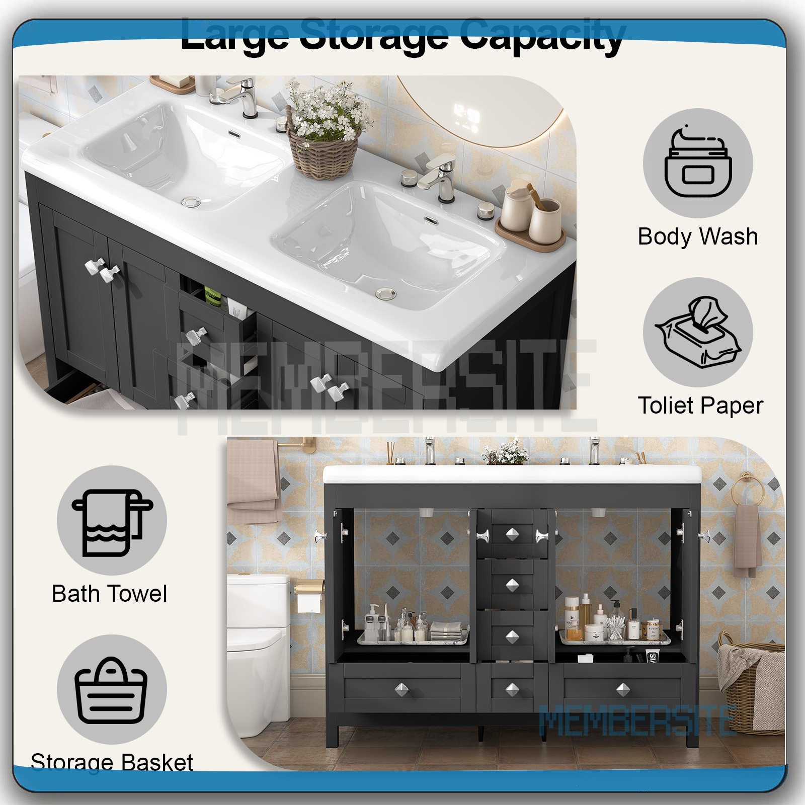 Black 47.3″ Bathroom Vanity Cabinet w/ 2 Ceramic Sinks Vanity Cabinet 6 Drawers