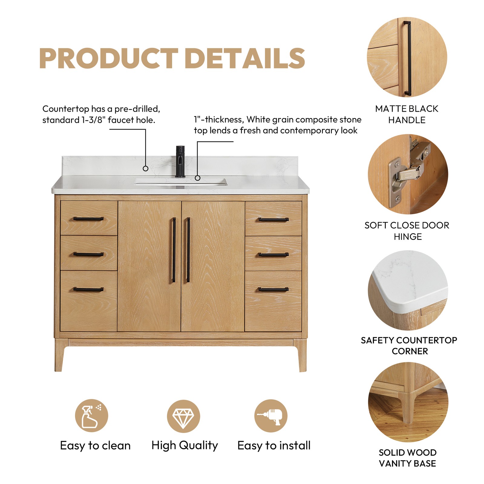 Gara 48″ Single White Grain Composite Stone Countertop Vanity – Washed Ash Gray
