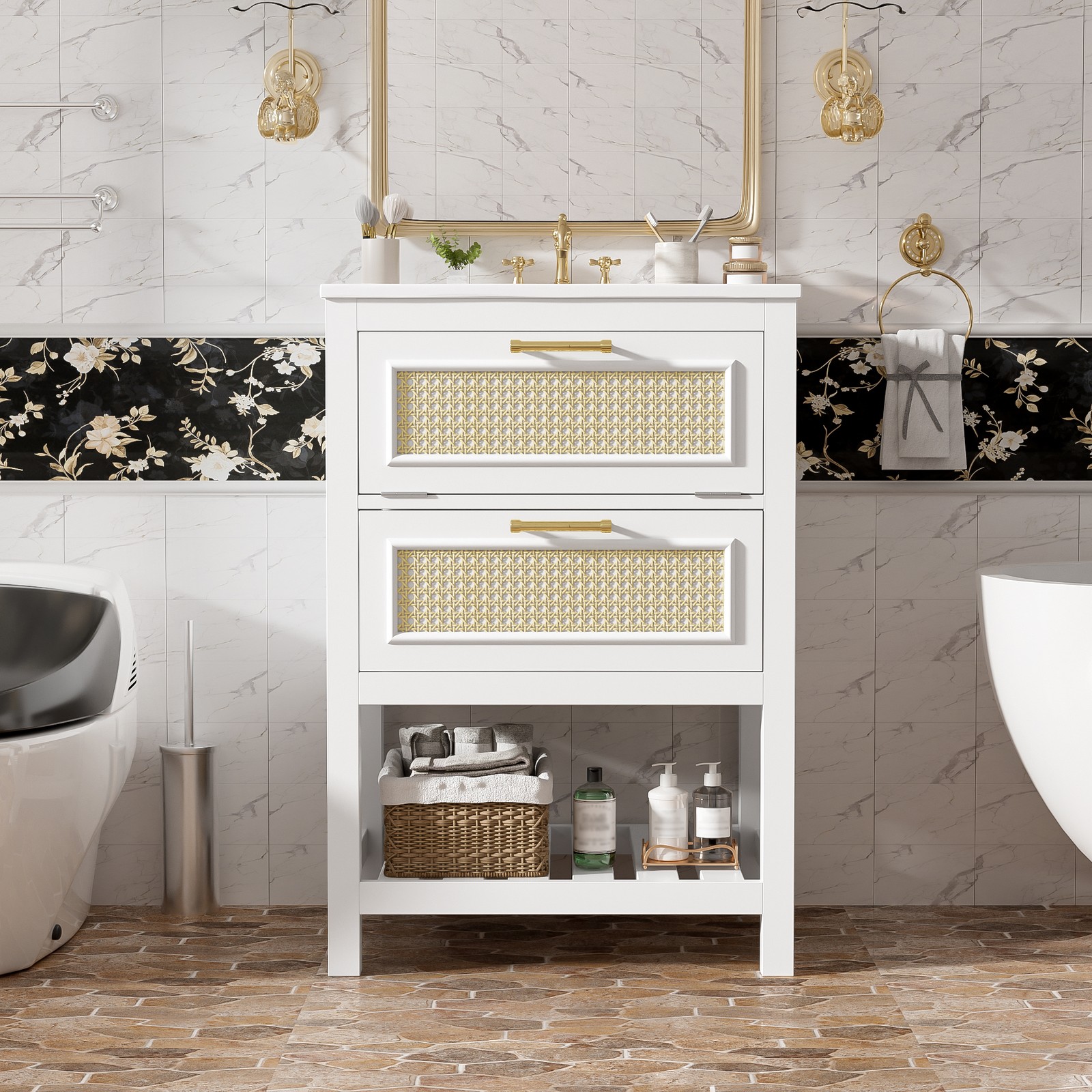 24″ White Bathroom Vanity with Ceramic Sink and 2 Drawers
