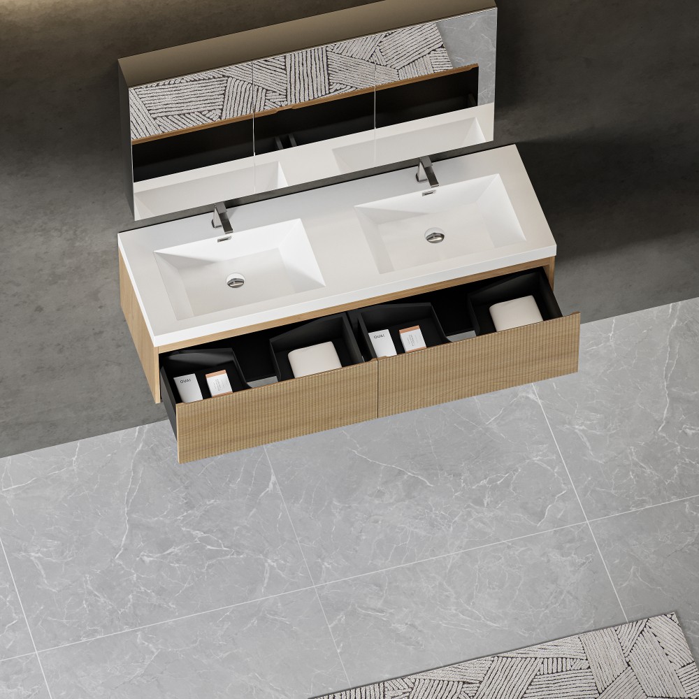 60 Floating Vanity with Sink, Soft Close Drawers, Oak Finish, Assembled