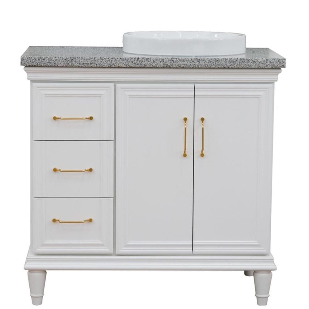 37 in. Single Wooden Vanity White Gray Granite Round Right Door.Right Sink
