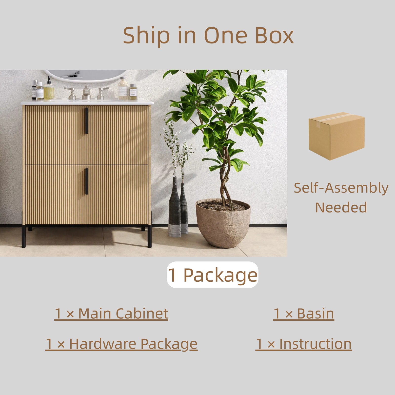 30″ Bathroom Vanity with Ceramic Sink, Soft Close Drawers, Fluted