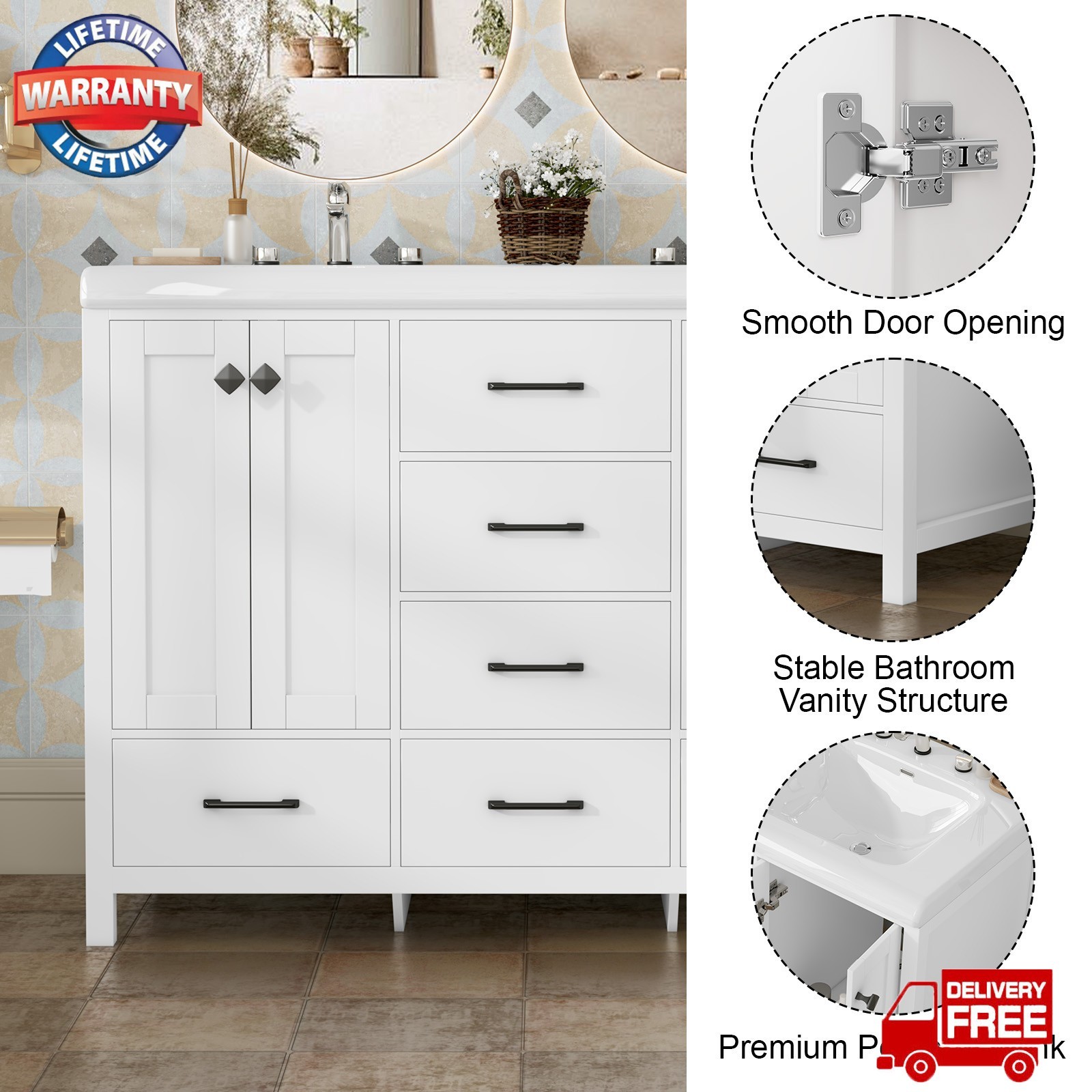 47” Bathroom Vanity with Double Sink Freestanding Bathroom Vanity w/ 6 Drawers