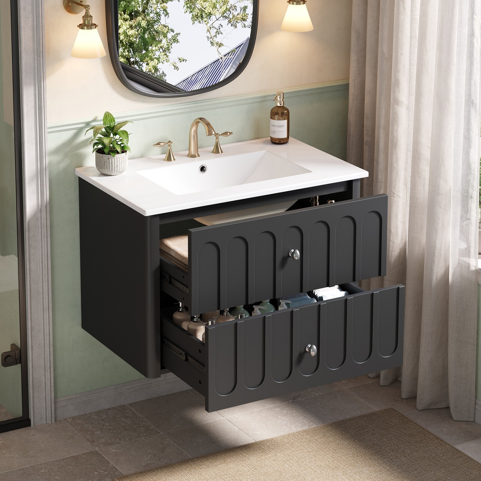 30″ Modern Bathroom Cabinet Floating Bathroom Vanity w/Oval Knobs & Round Edge