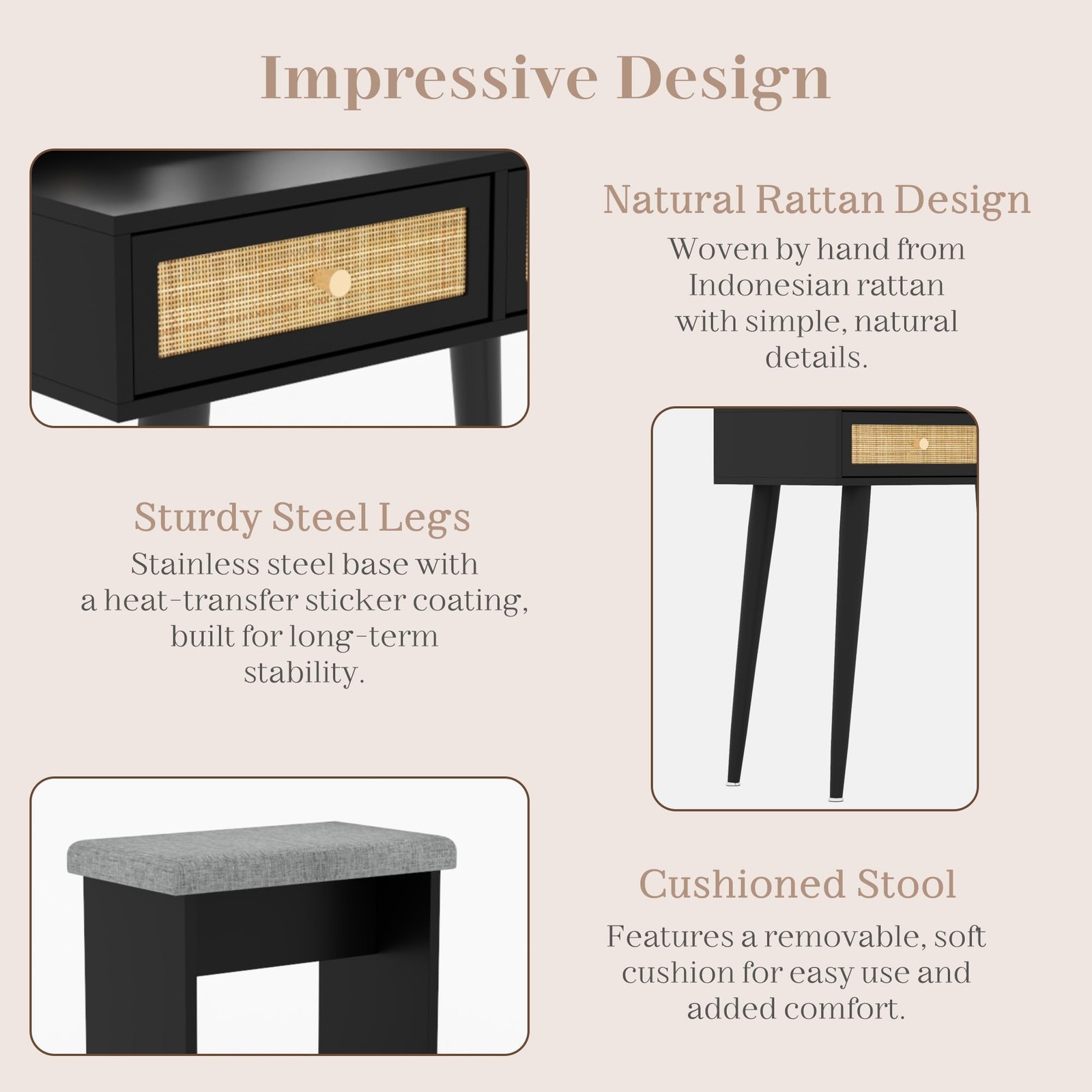Rattan Vanity Desk with Stool 31″ Space Saving Makeup Table with LED