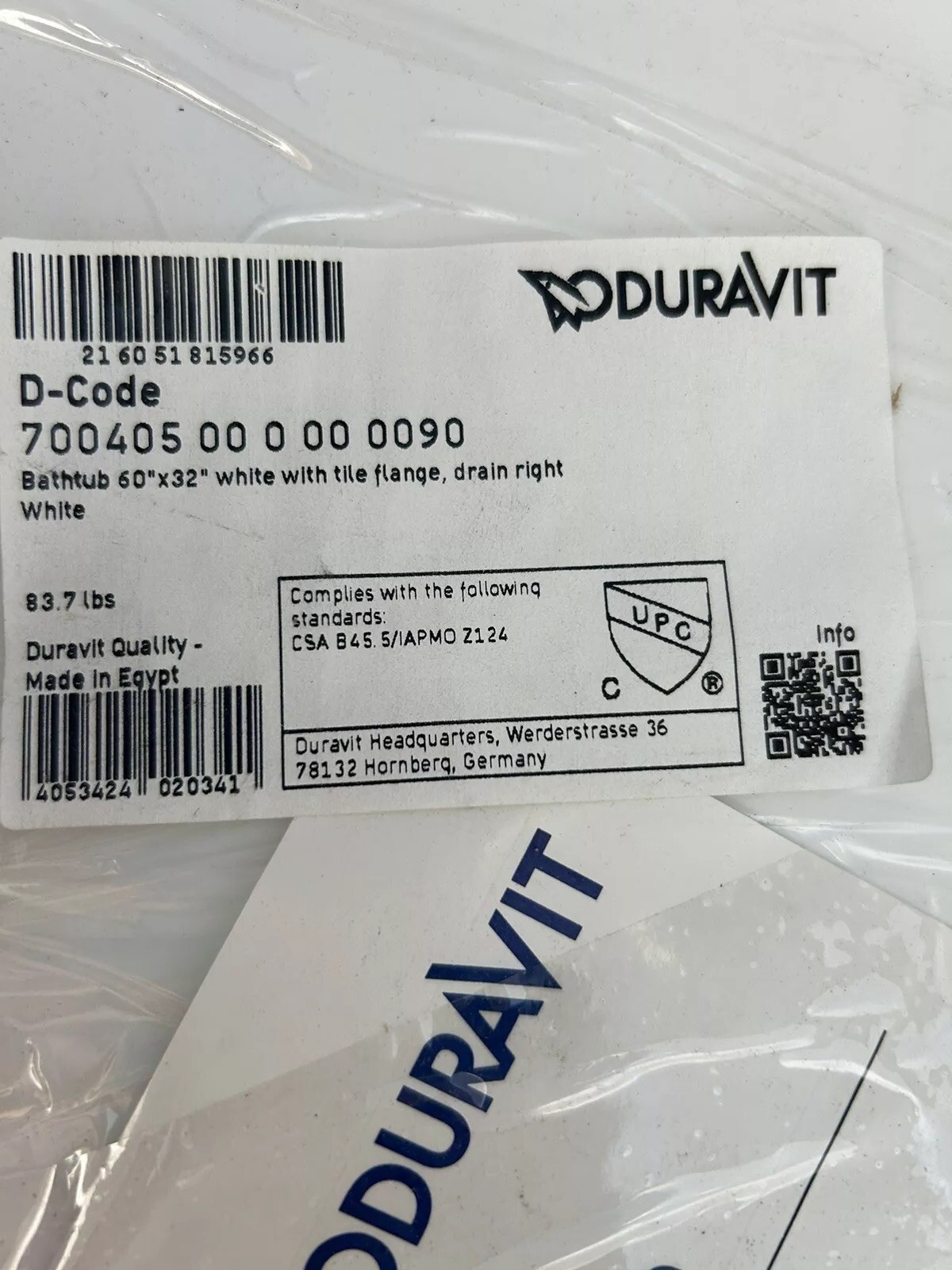 Duravit D-Code 700405 Drop in Bathtub 60”X32”, White. No Installation Accesories