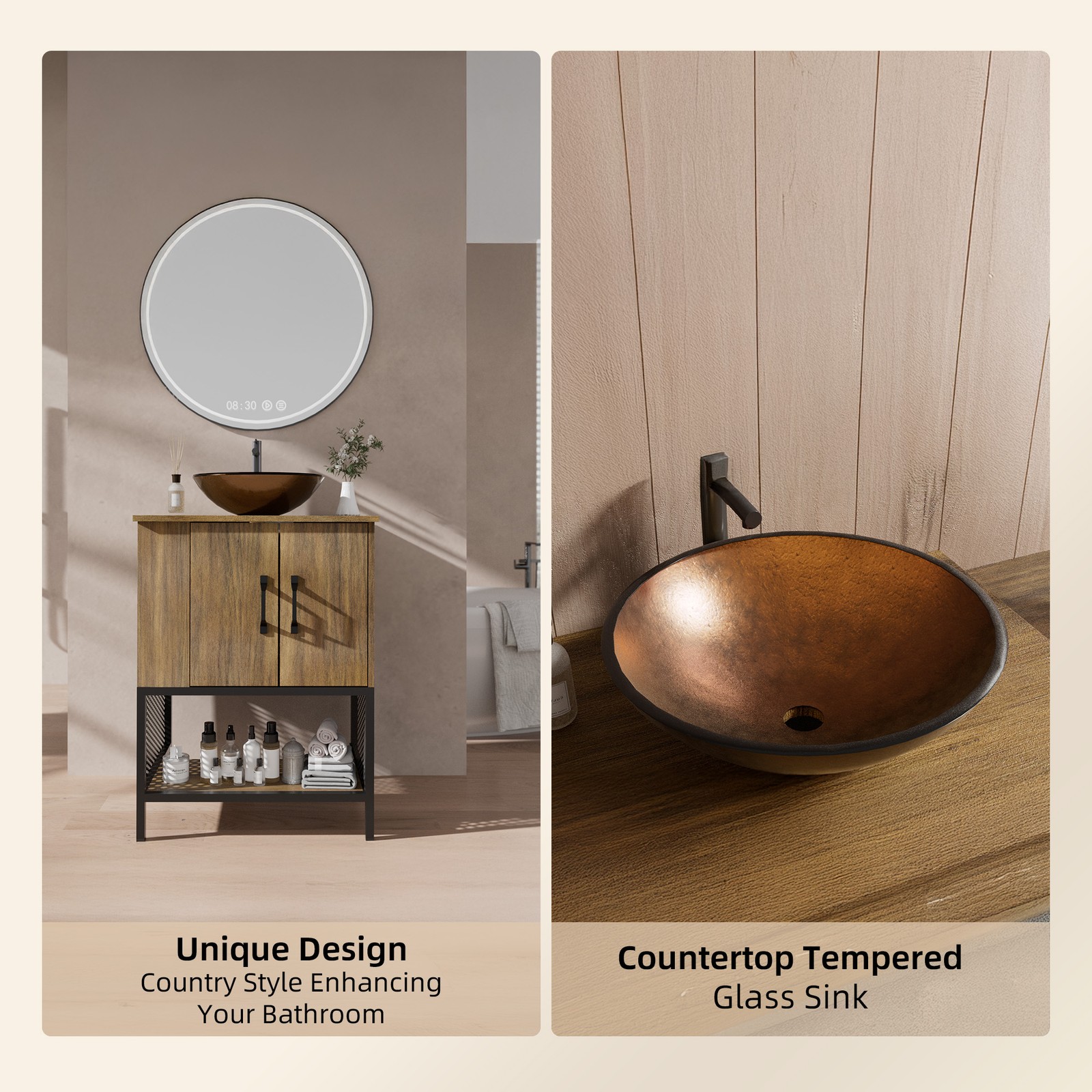 24″ Small Bathroom Vanity Combo Storage Cabinet FloorStanding Glass Vessel Oak