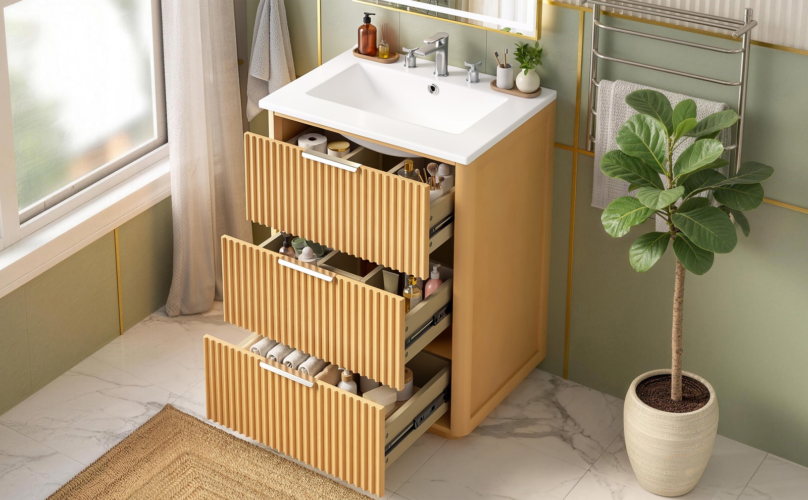 24 Inch Bathroom Vanity with Ceramic Sink, Natural Wood Cabinet