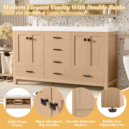 59.3″ Bathroom Vanity with Solid Wood Frame & MDF Cabinet,Double SMC Resin Sink