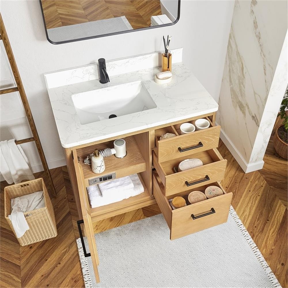 Gara 36″ Single Bath Vanity in Washed Ash Grey w/ White Grain Composite & Mirror