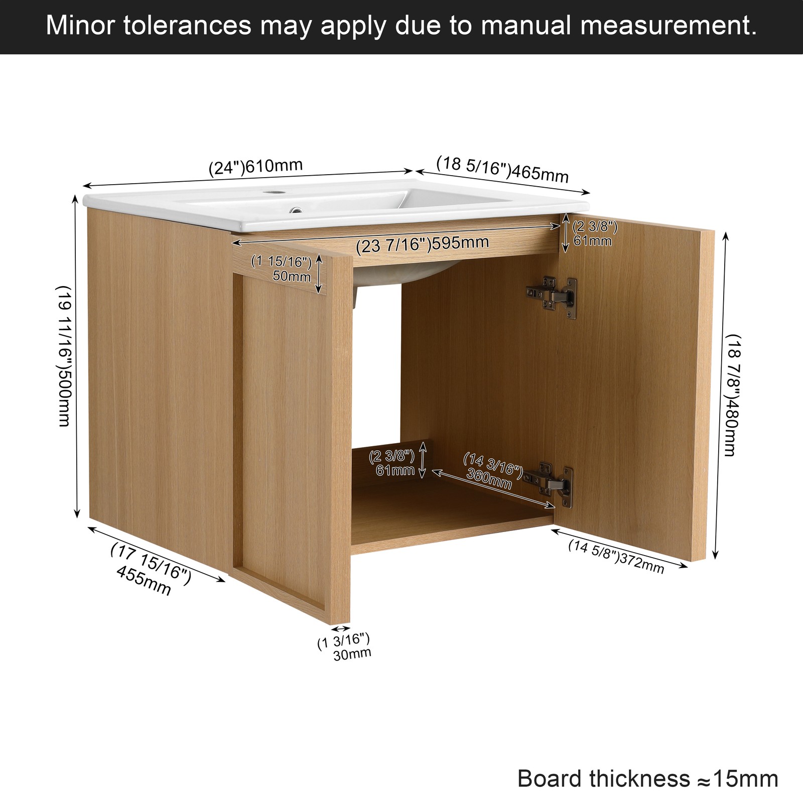 24″ Floating Bathroom Vanity with Sink, Light Oak Wall-Mounted Cabinet