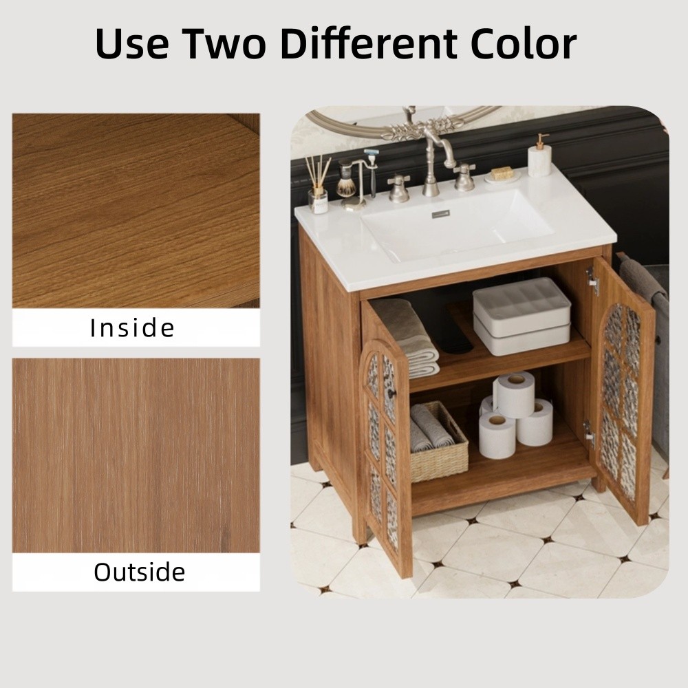 30″ Rustic Bathroom Vanity Cabinet w/Ceramic Sink Bronze Pulls 2 Doors