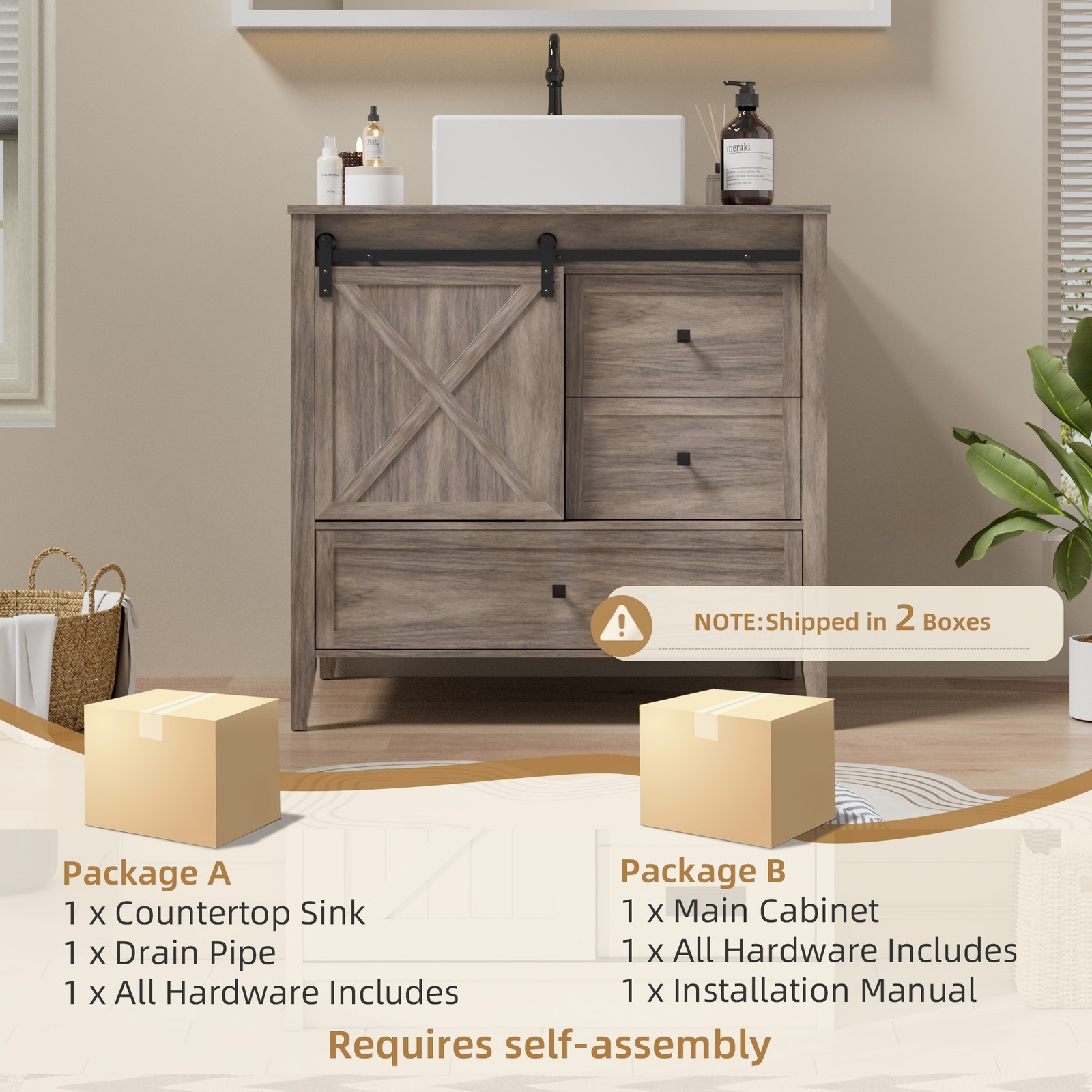 36-inch Bathroom Vanity Wooden Freestanding Cabinet Storage Vessel Sink Combo