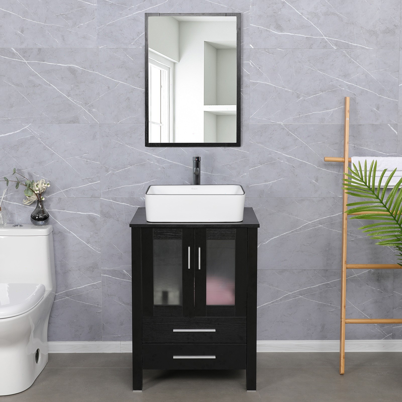 24″ Bathroom Vanity Cabinet Combo Organizer Top Vessel Sink W/ Faucet Drain Hose