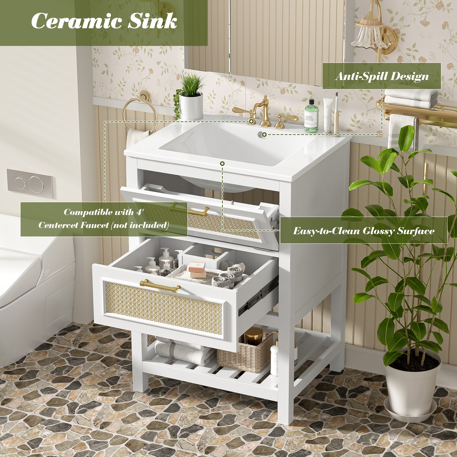 24″ White Bathroom Vanity with Ceramic Sink and 2 Drawers