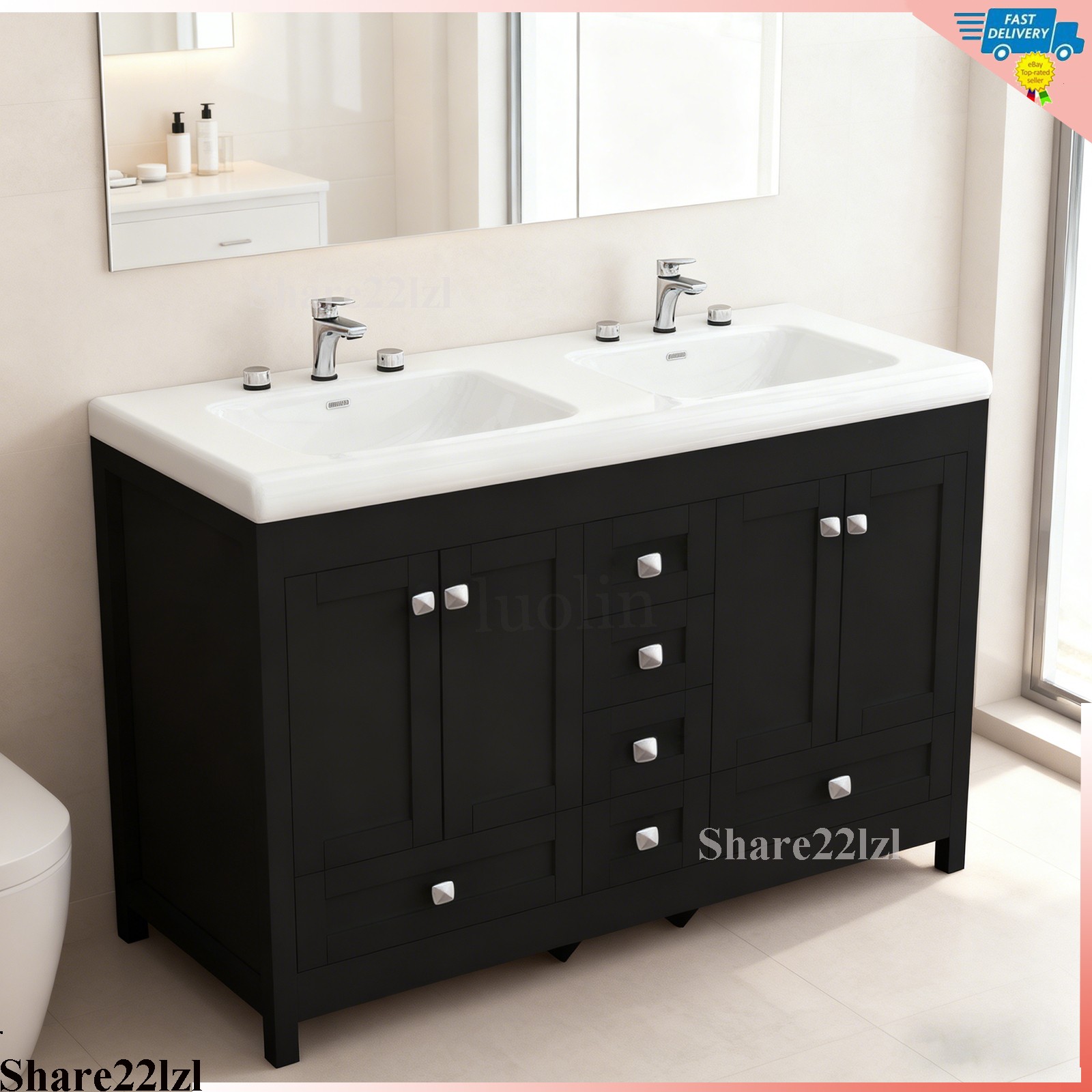 47inch Bathroom Vanity Cabinet Double Ceramic Sink Top Sink Cabinet Modern Wood