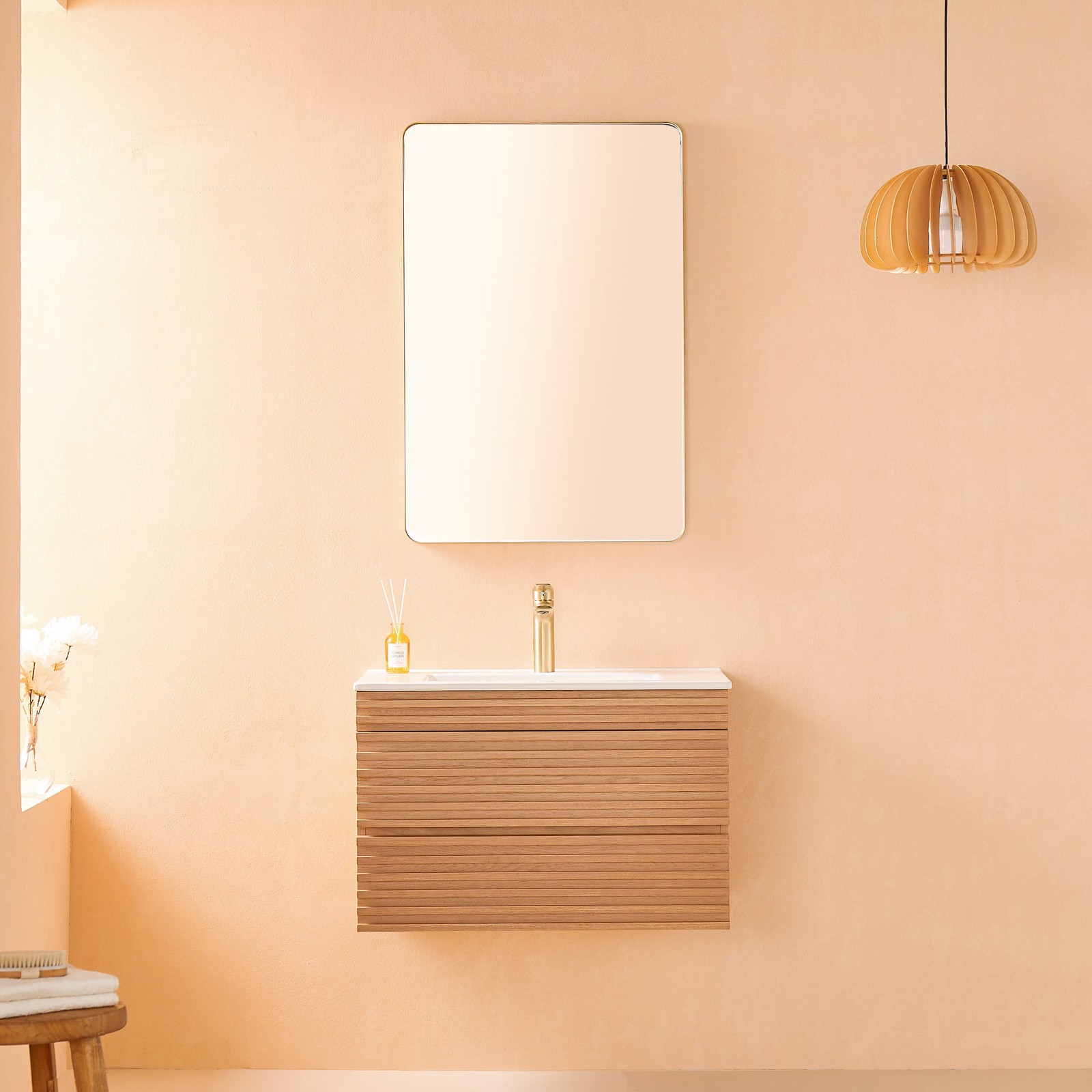 30″ Wooden Floating Bathroom Vanity W/ Ceramic Sink Wall Mounted Undermount Sink