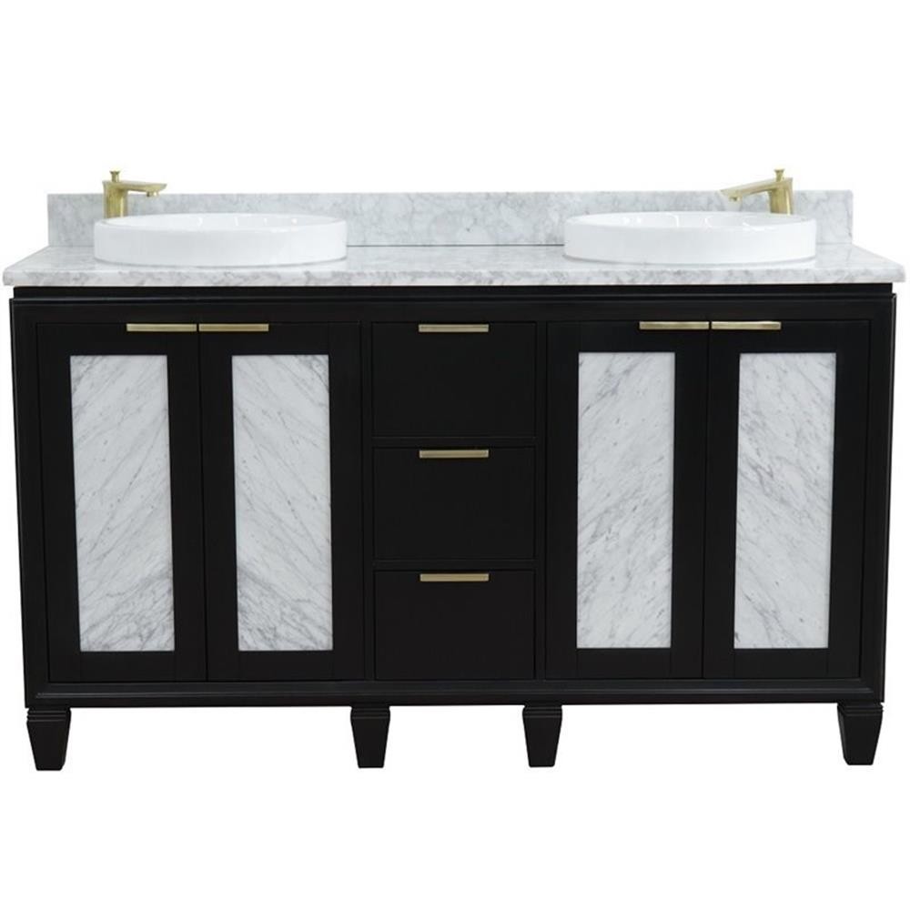 Pemberly Row 61″ Double Round Sink Solid Wood Vanity in Blue/White Carrara