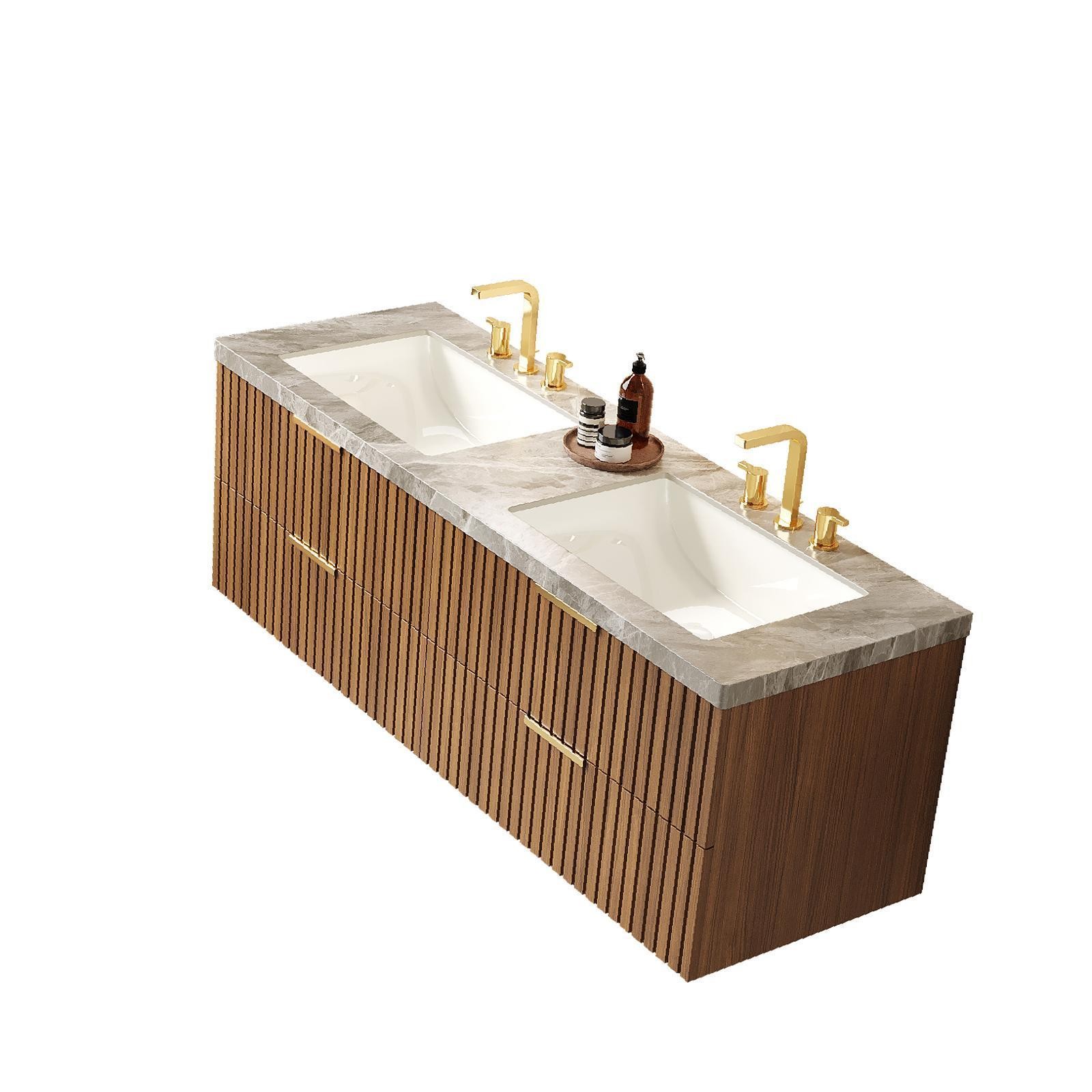 Brown Oak Bathroom Vanity 60-Inch, Italian Sintered Stone Countertop, Double