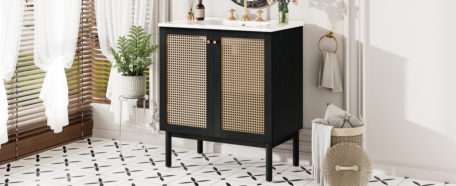 30-inch Bathroom Vanity w/Ceramic Sink Storage Cabinet w/Soft-Close Rattan Door