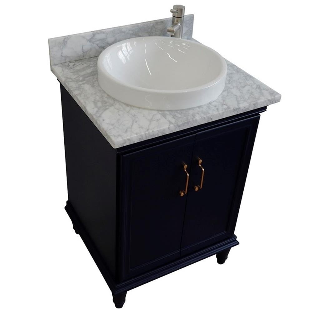 25 in. Single Wooden Vanity Blue with White Carrara Round Sink