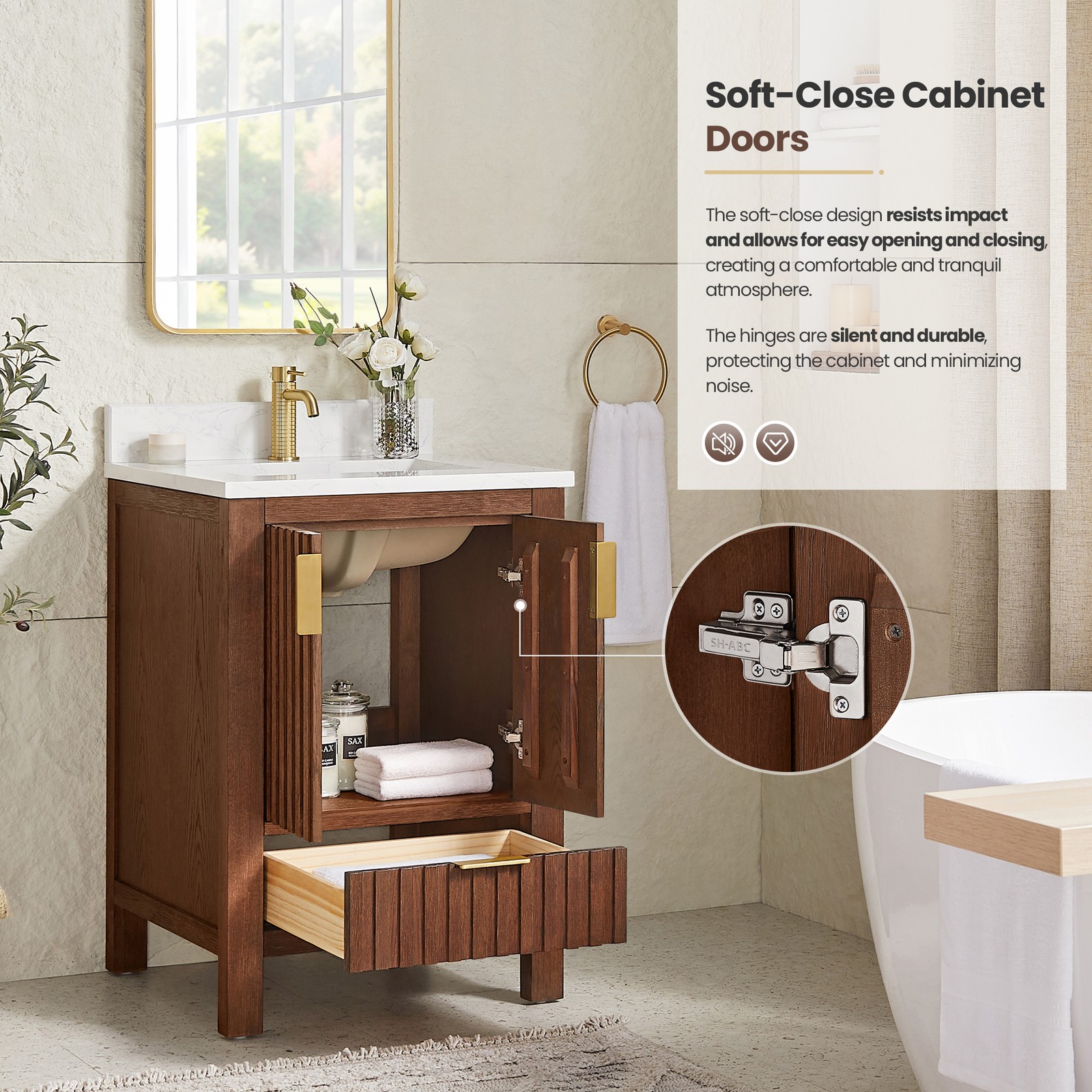 Shenzhen 24″ Single Bath Vanity in Aged Dark Brown Oak with Composite Stone Top