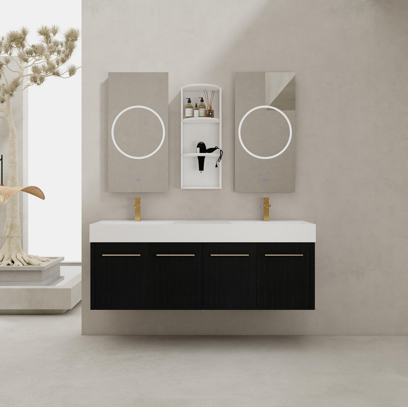 60 In Floating Wall-Mounted Bathroom Vanity Cabinet W/ Double Resin Top Basin