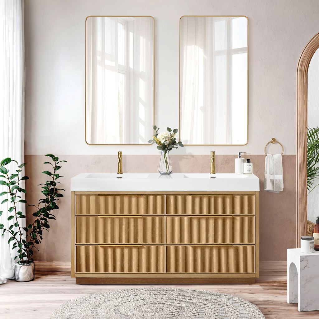 Hohhot 60″ Double Bath Vanity in Washed Ash Grey with White Stone Top