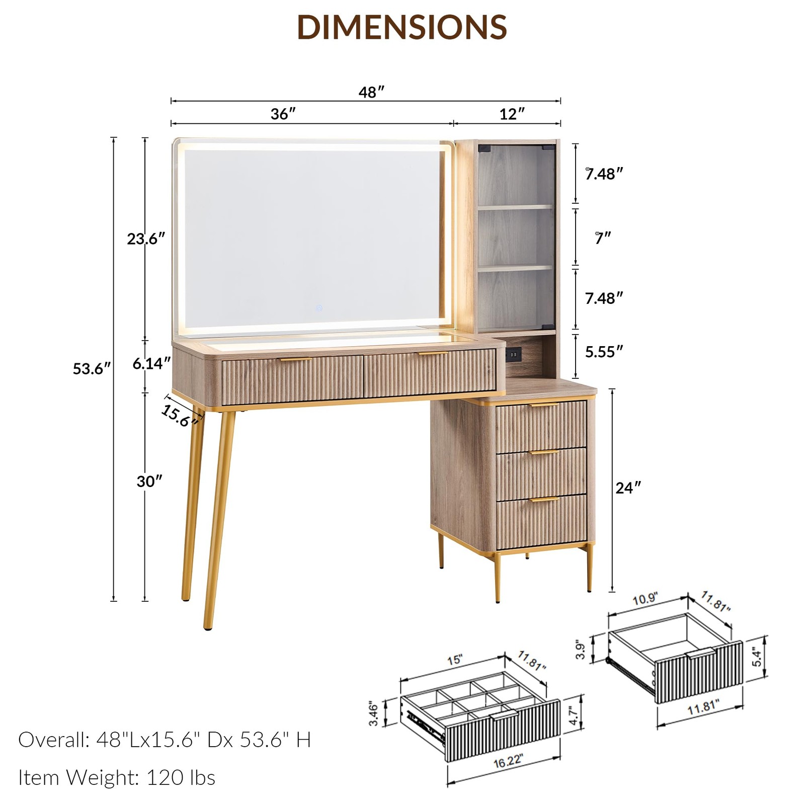 48″ Fluted Vanity Desk with 36″ Lighted Mirror 5 Drawers Charging