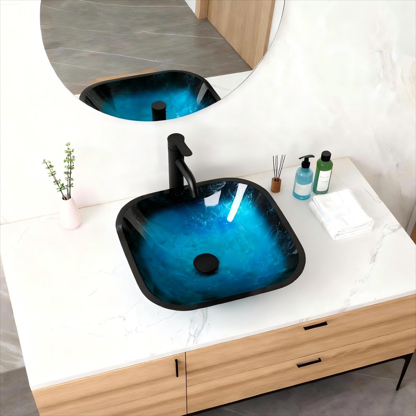 Bathroom Artistic Tempered Glass Vessel Bathroom Sink w/Faucet & Pop-up Drain