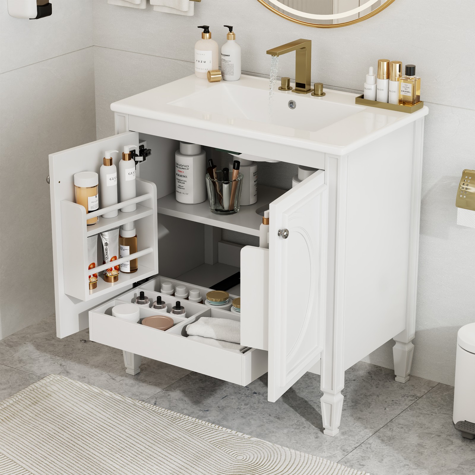 30″ Bathroom Vanity with Sink, Two Doors & Drawer, White