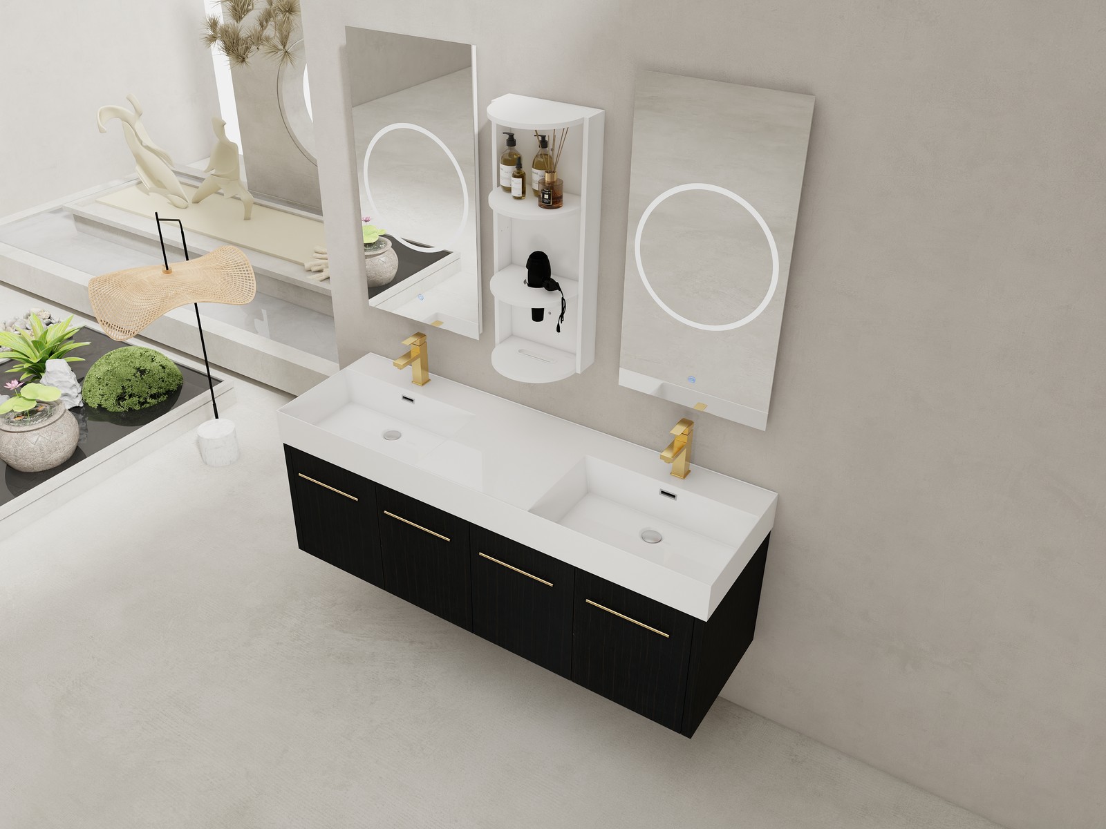 60 In Floating Wall-Mounted Bathroom Vanity Cabinet W/ Double Resin Top Basin