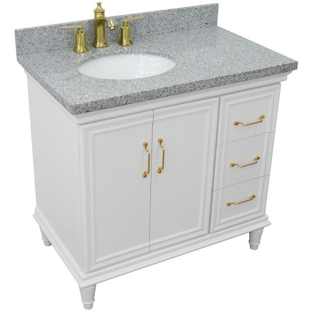 37 in. Single Wooden Vanity White Gray Granite Oval Left Door.Left Sink