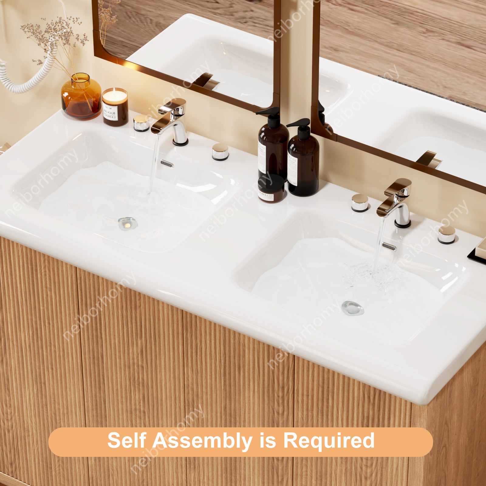 47.3 inch Double Sink Bathroom Vanity Wood Grain Modern 2 Basin Storage Cabinet
