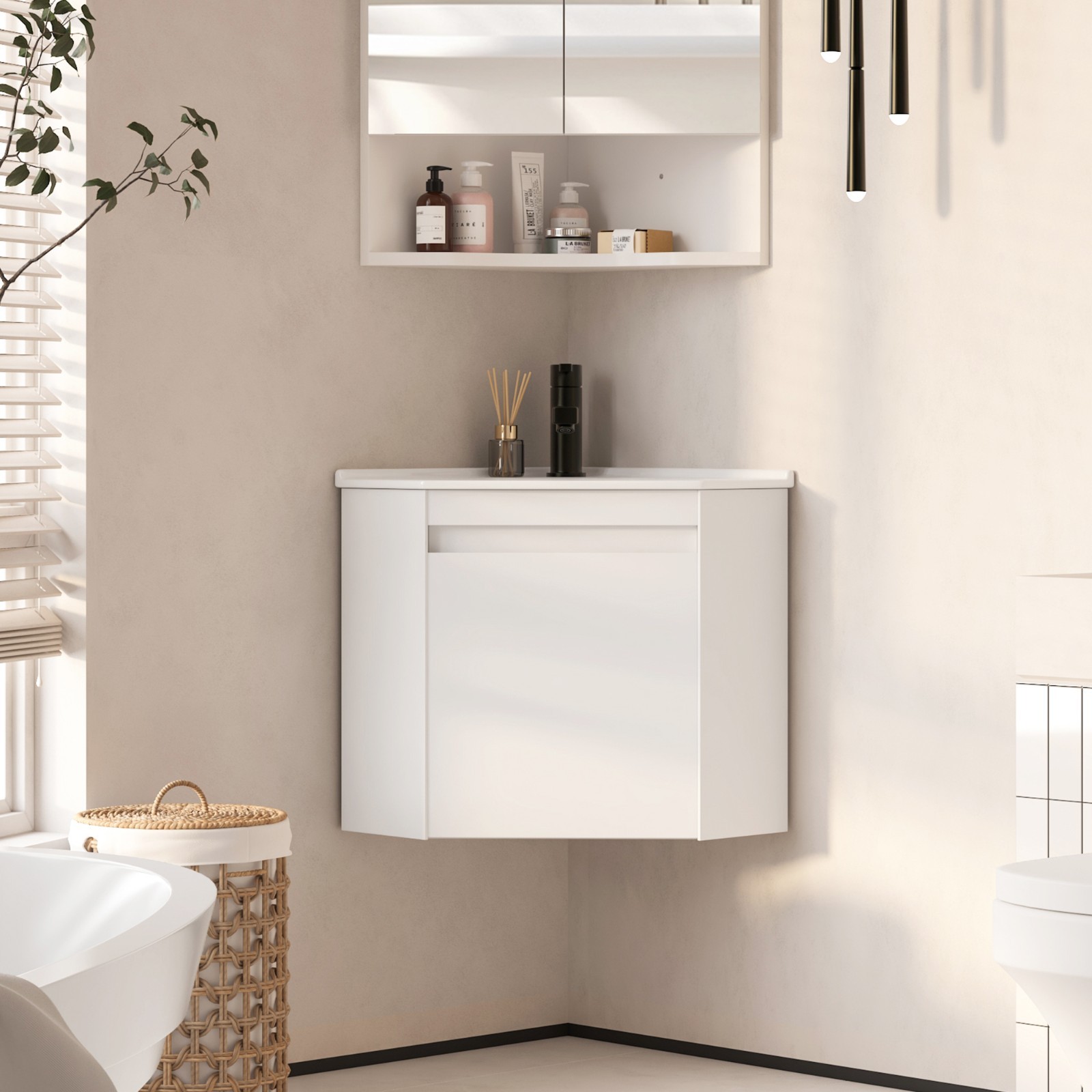 24″ Corner Bathroom Vanity Sink Cabinet Wall Mount Floating for Small Bathroom