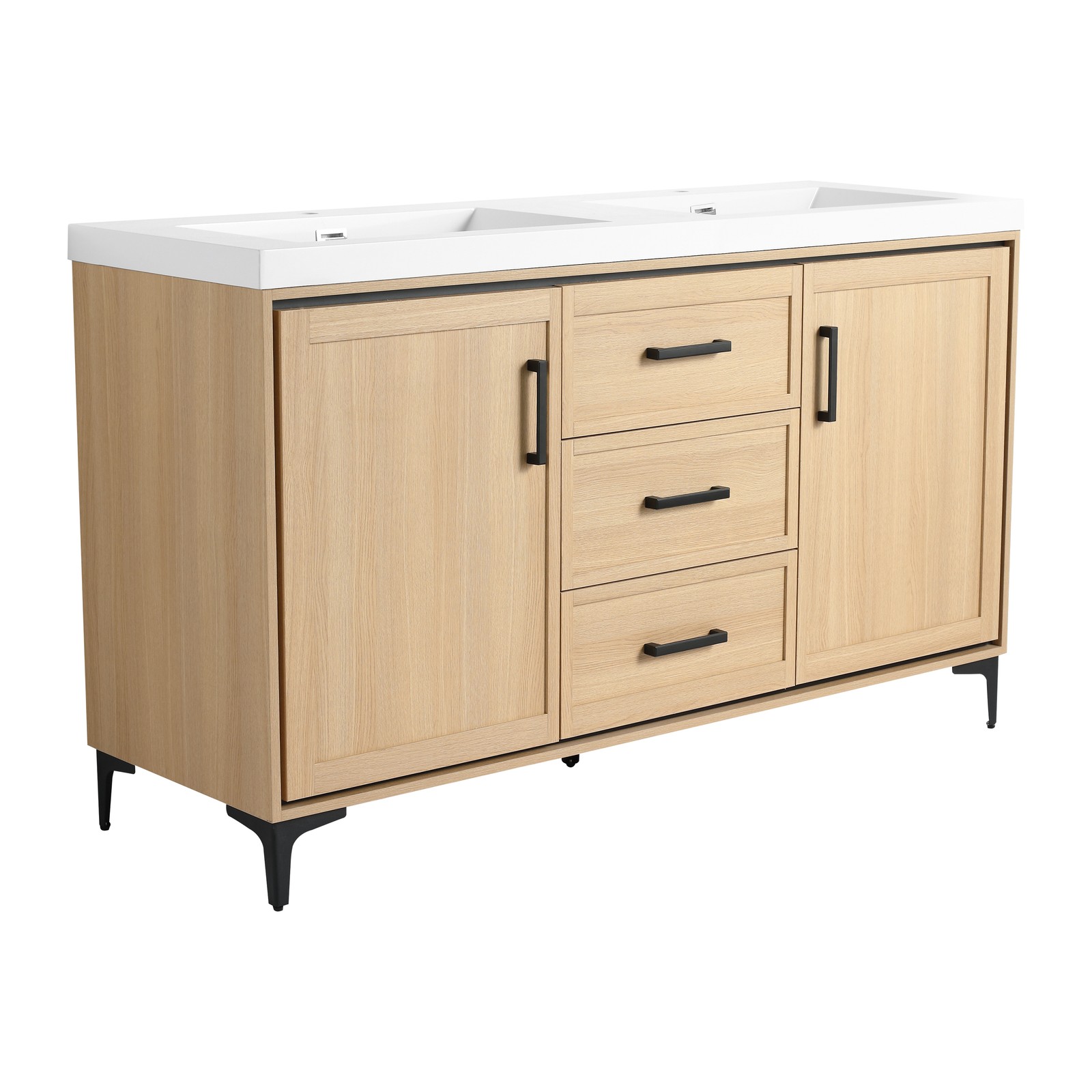 60 in Plywood Bathroom Vanity Freestanding W/Double Resin Sink +2 Doors 3Drawers