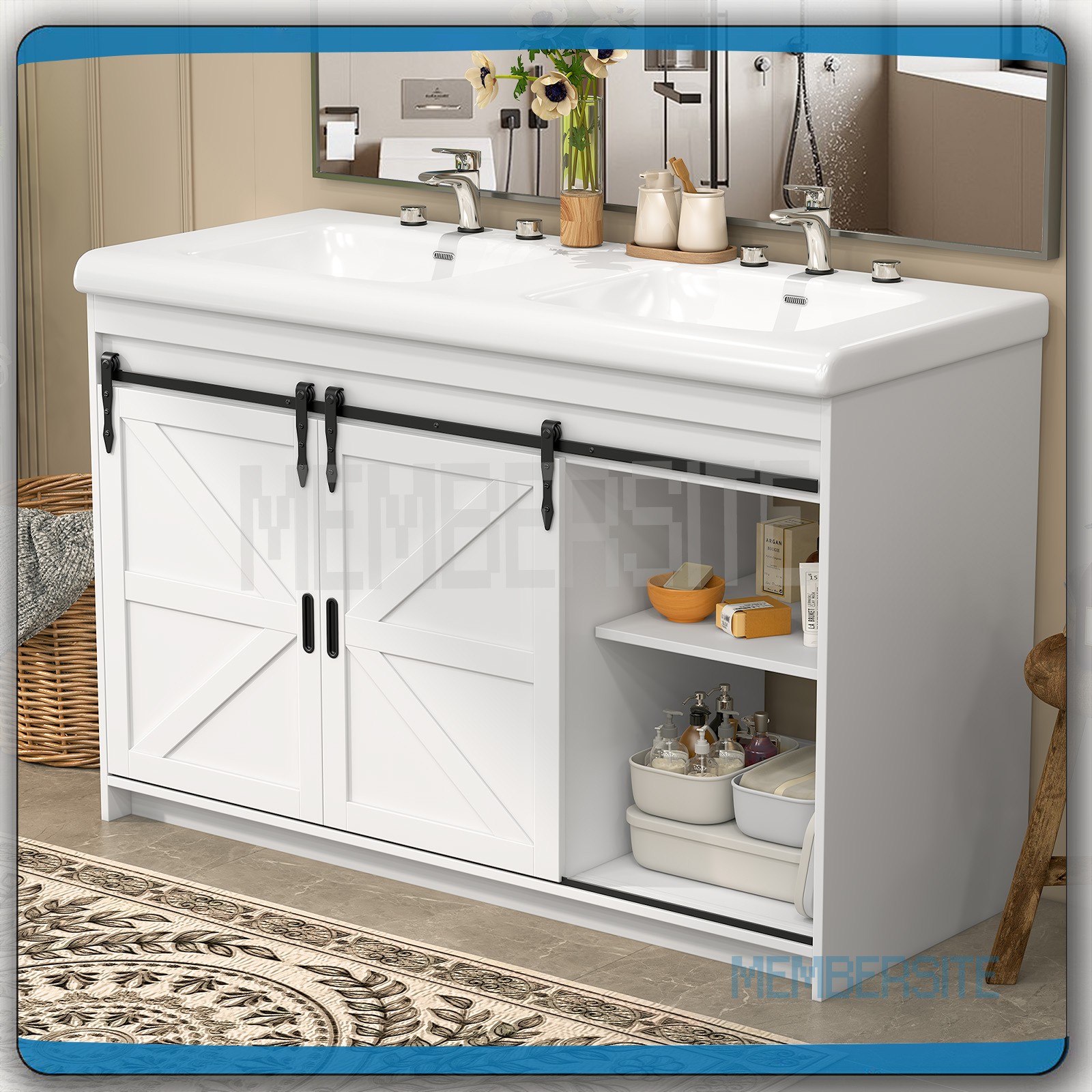 Bathroom Vanity Cabinet w/2 Ceramic Sink Combo 2 Sliding Door 47.3″ Vanity White