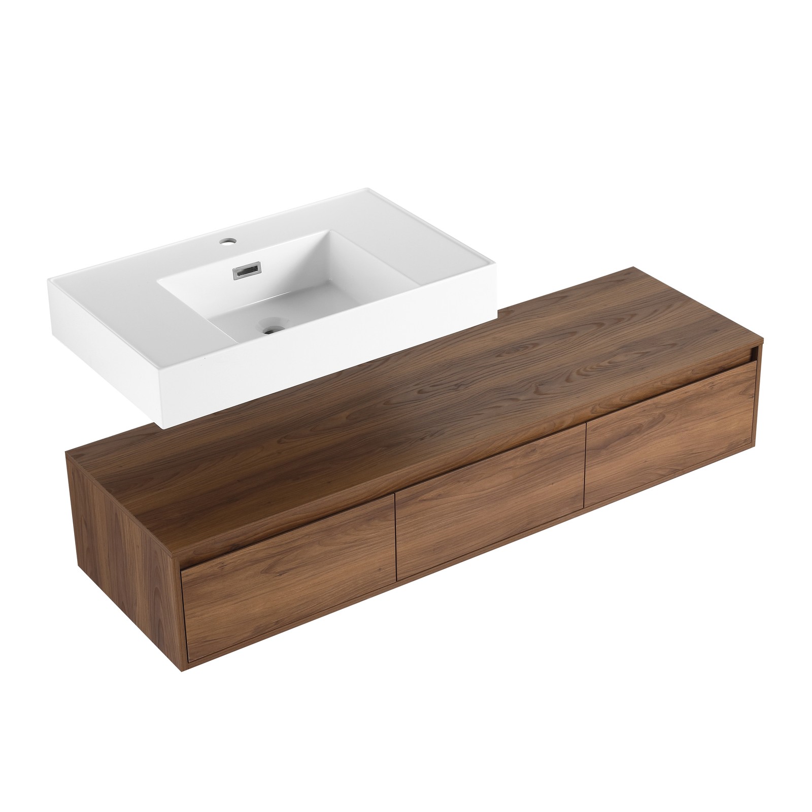 60in Wooden Wall-Mounted Bathroom Vanity Floating Vanity W/ Resin Sink +Drawers