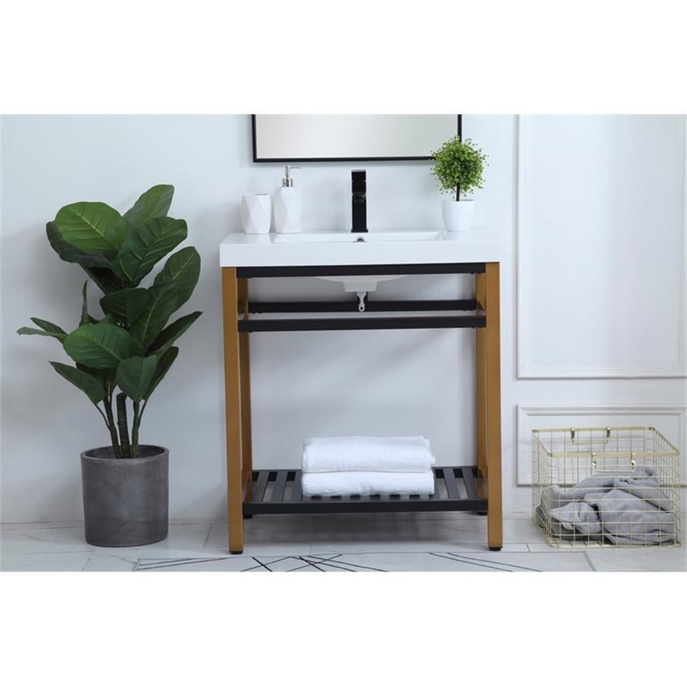 Elegant Decor Raya 30″ Single Resin Top Metal Bathroom Vanity in Gold and Black