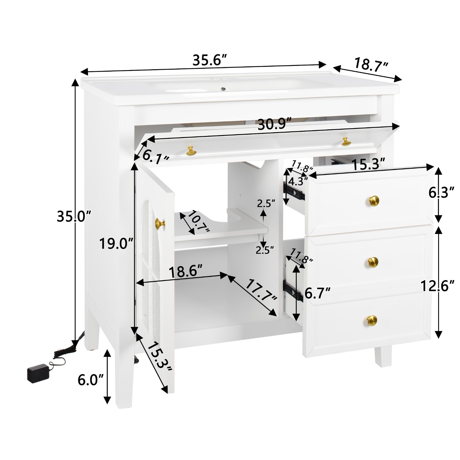 35.6″ Bathroom Vanity Storage Cabinet w/ Ceramic Sink Glass Motion Sensor Light