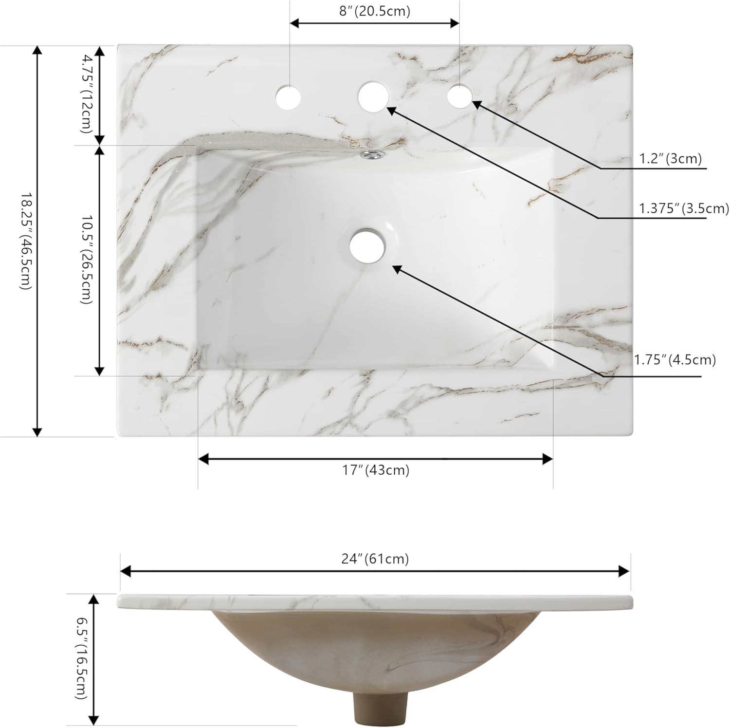 Elegant 24″ Ceramic Vanity Sink Top White Marble Effect Rectangular 3-Hole