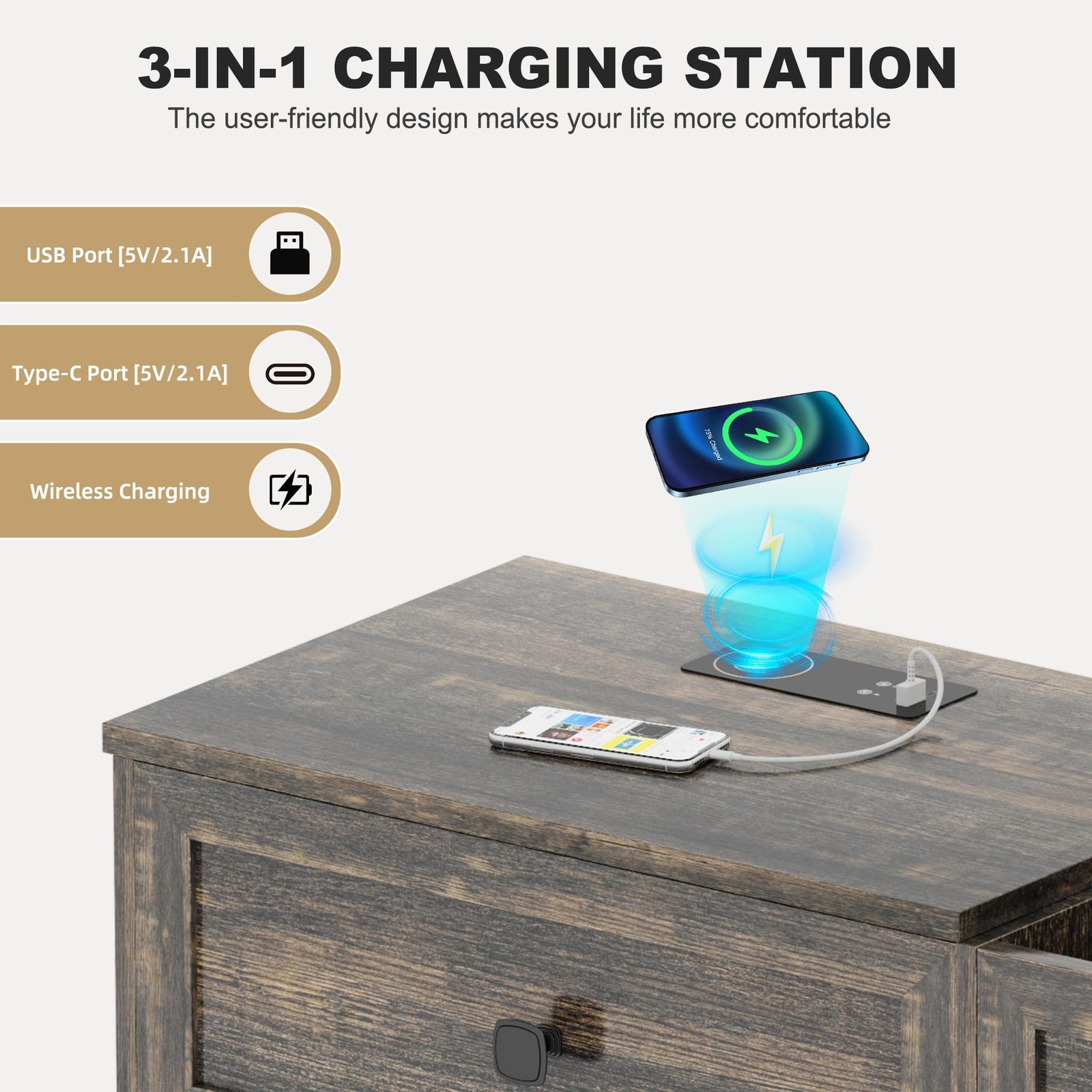 3-in-1 Vanity Desk Mirror Lights Charging Station Drawers Lock Stool