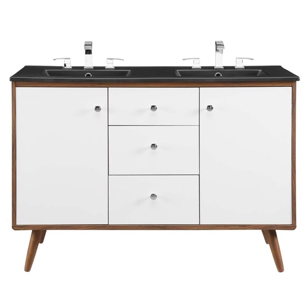 Pemberly Row 47.5″ Modern Wood Double Sink Bathroom Vanity in Walnut/White