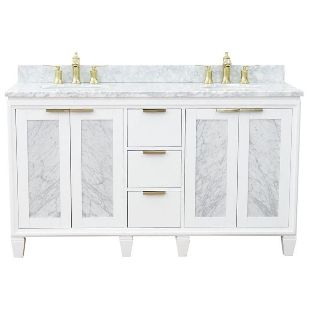 Pemberly Row 61″ Double Oval Sink Solid Wood Vanity in White/White Carrara