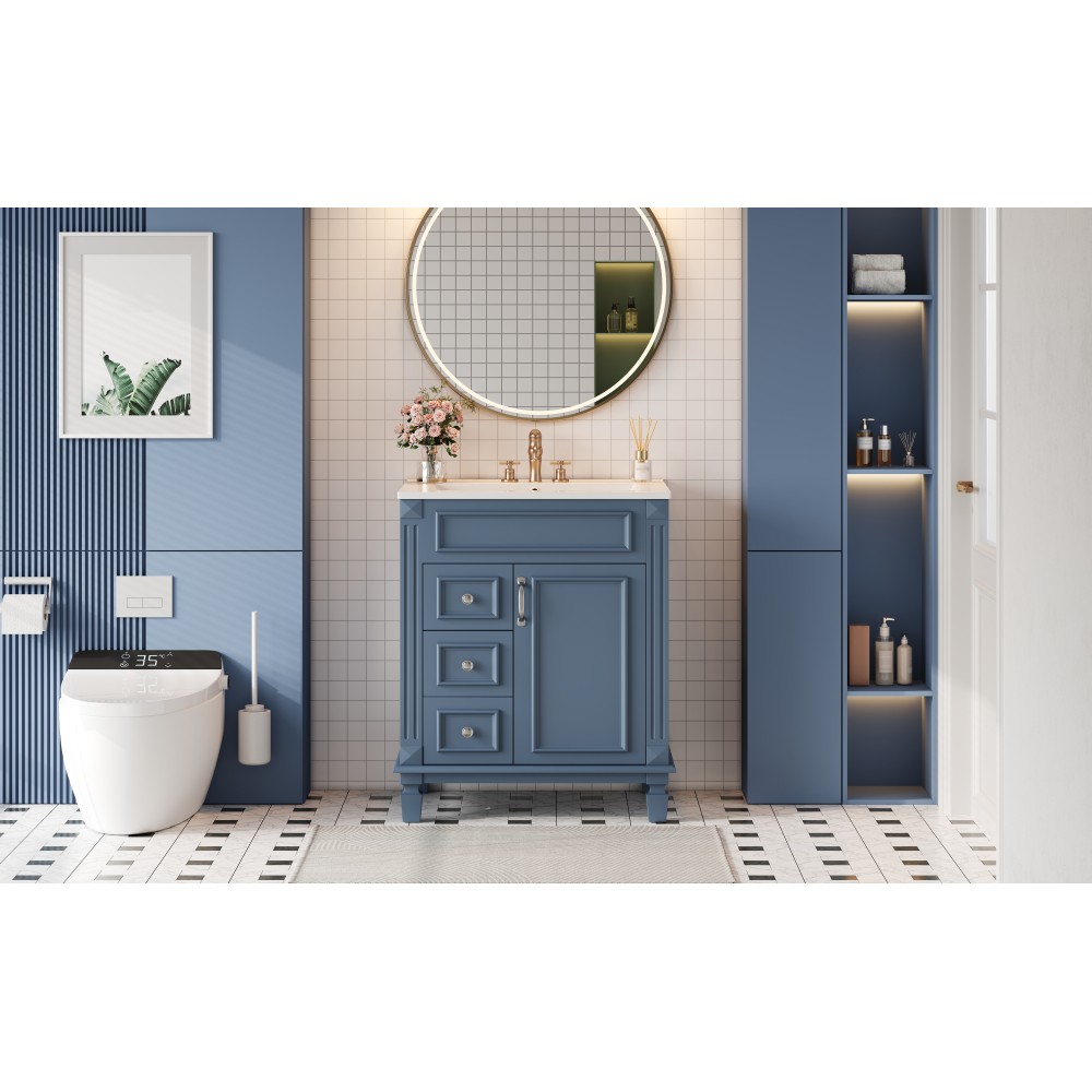 24 Inch Modern Blue Bathroom Vanity with Ceramic Sink Solid Wood MDF Cabinet