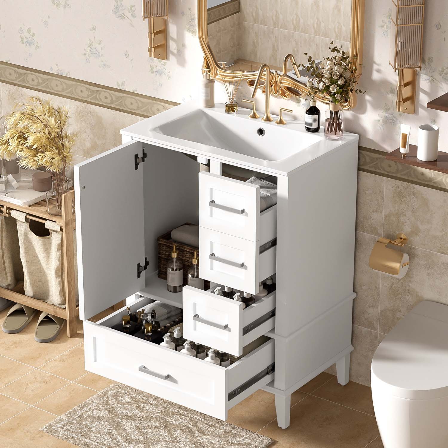 24.8″ Bathroom Vanity Freestanding White Green Hardwood Soft-Close 3 Drawer Sink
